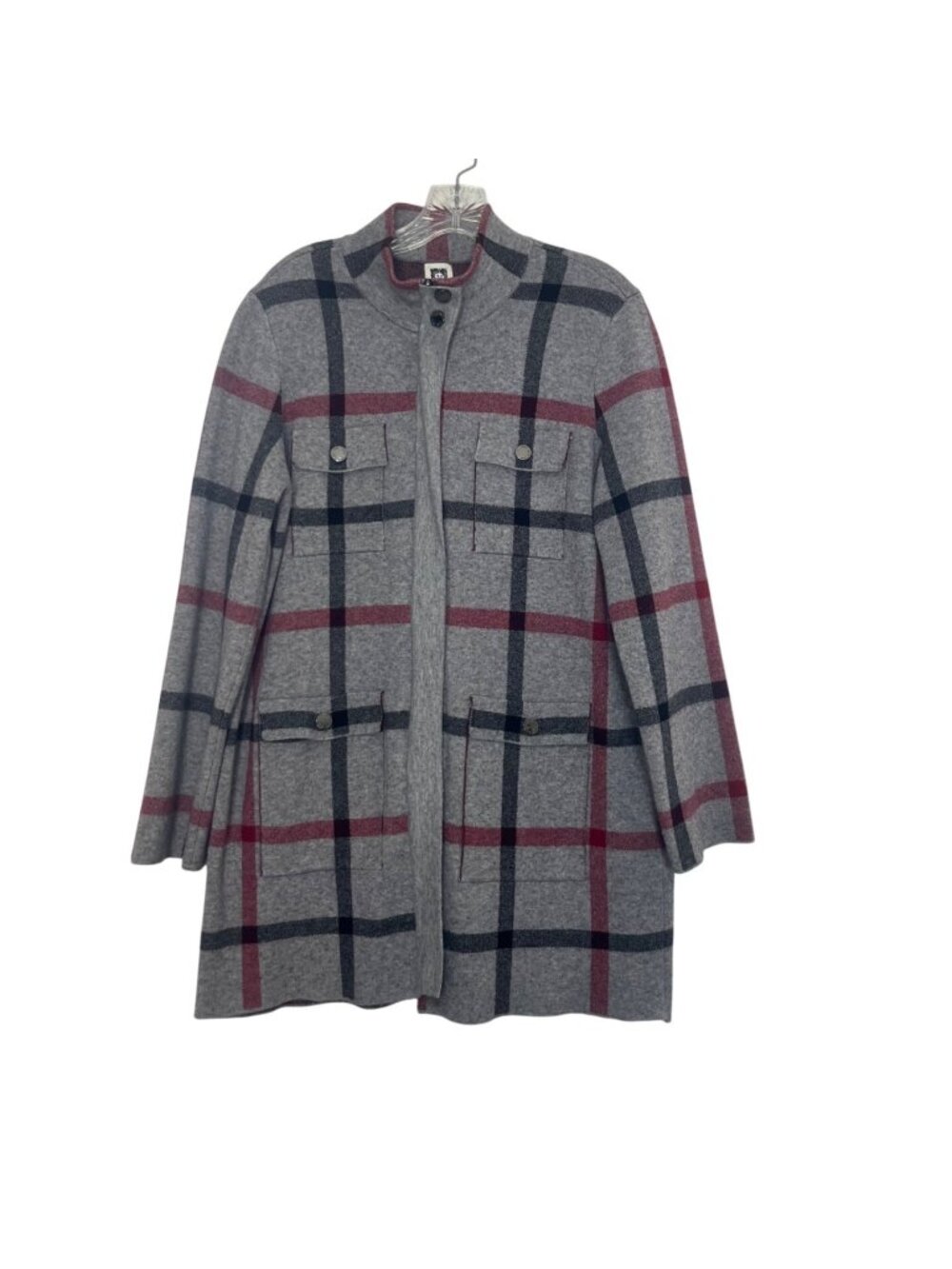Anne Klein Plaid Sweater Jacket Wool Blend XL Gray Red Zip Front Pockets